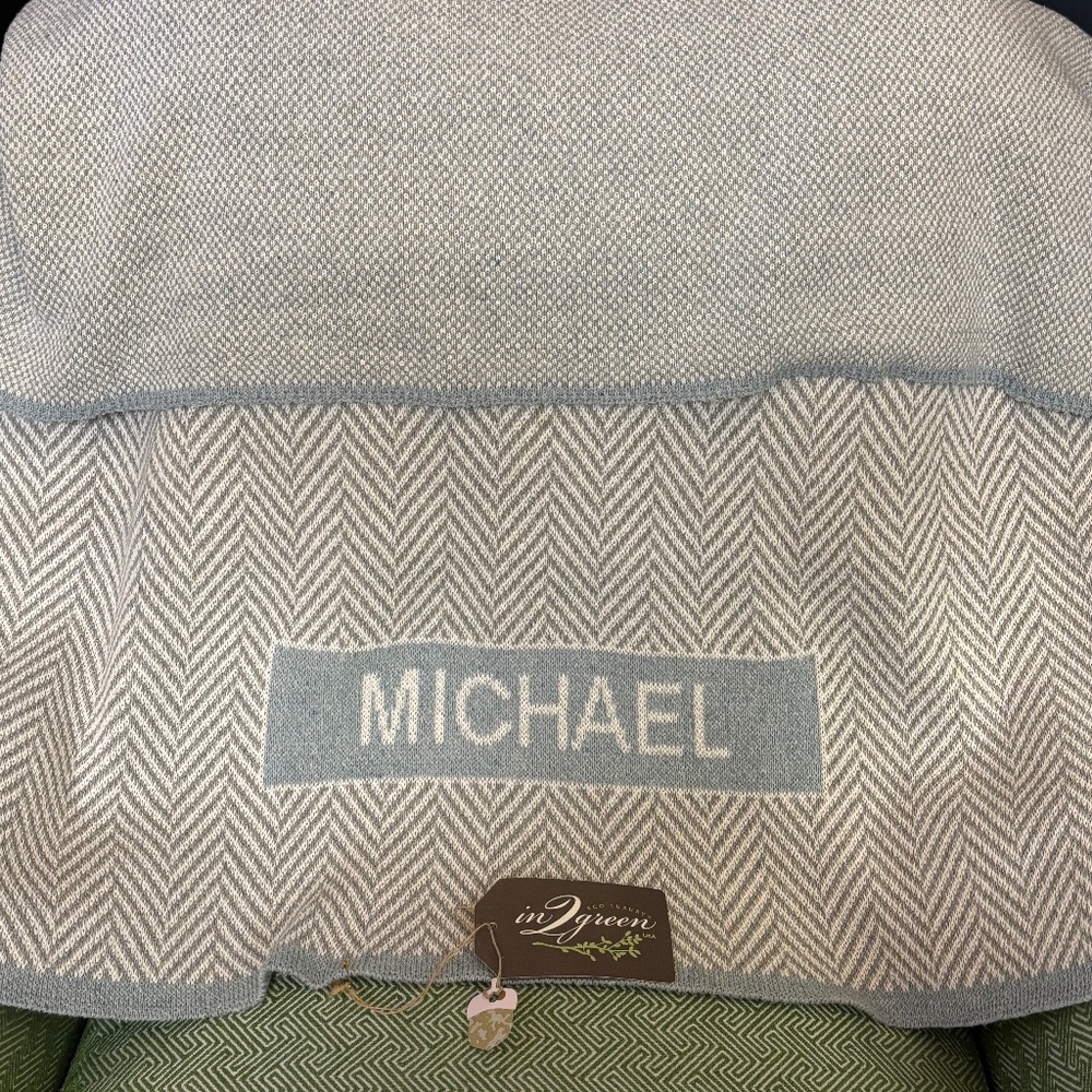In2Green Custom 'Michael' Baby Knit Throw Blanket - Herringbone Patch